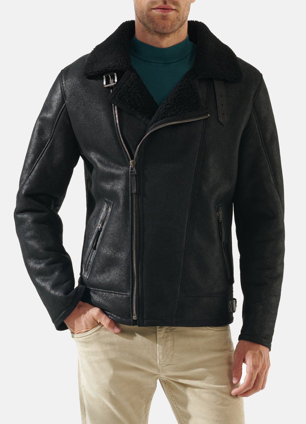 Mens Jade Black Shearling Leather Jacket