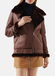 Womens Maroon Oversized Shearling Leather Jacket