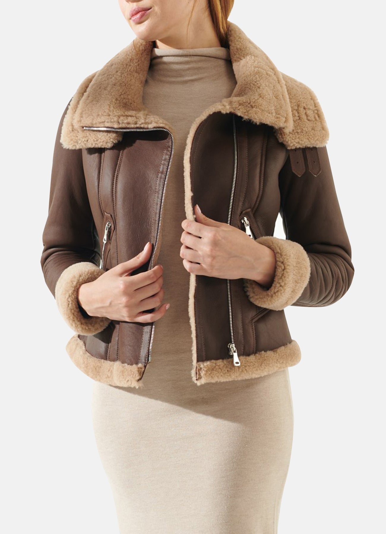 Womens Brown Double Collar Shearling Leather Jacket