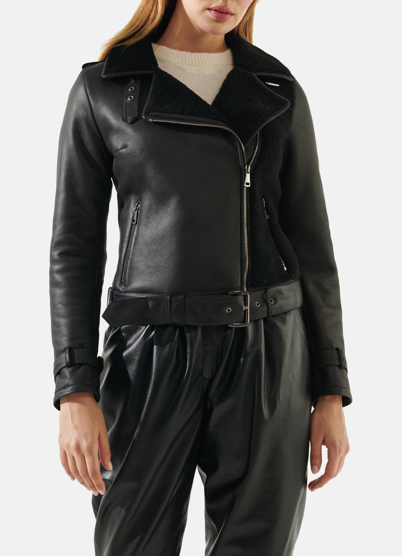 Womens Shiny Black Shearling Leather Jacket