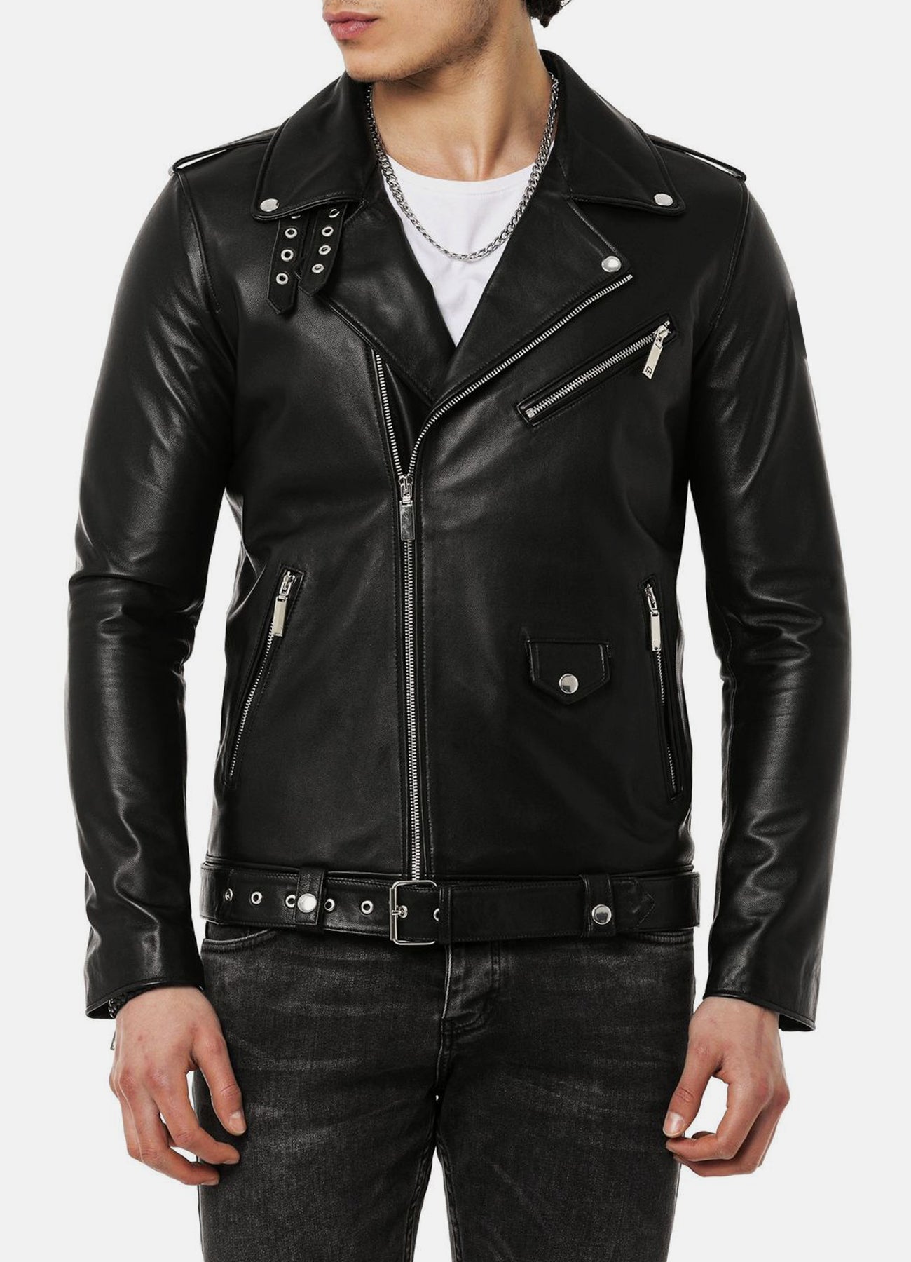 Mens Deep Black Biker Leather Jacket