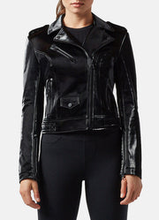 Womens Shiny Black Biker Faux Leather Jacket