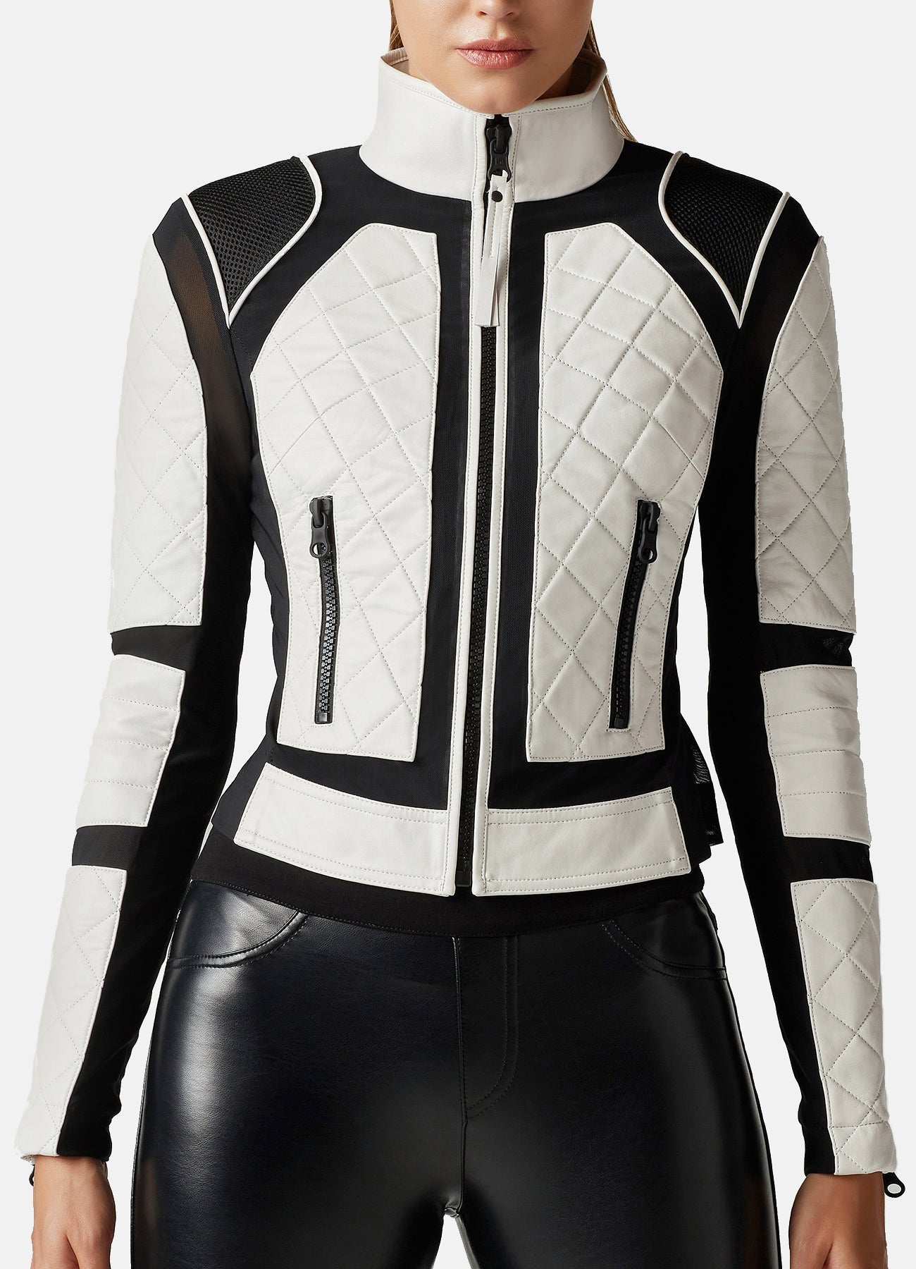 Womens White and Black Biker Leather Jacket