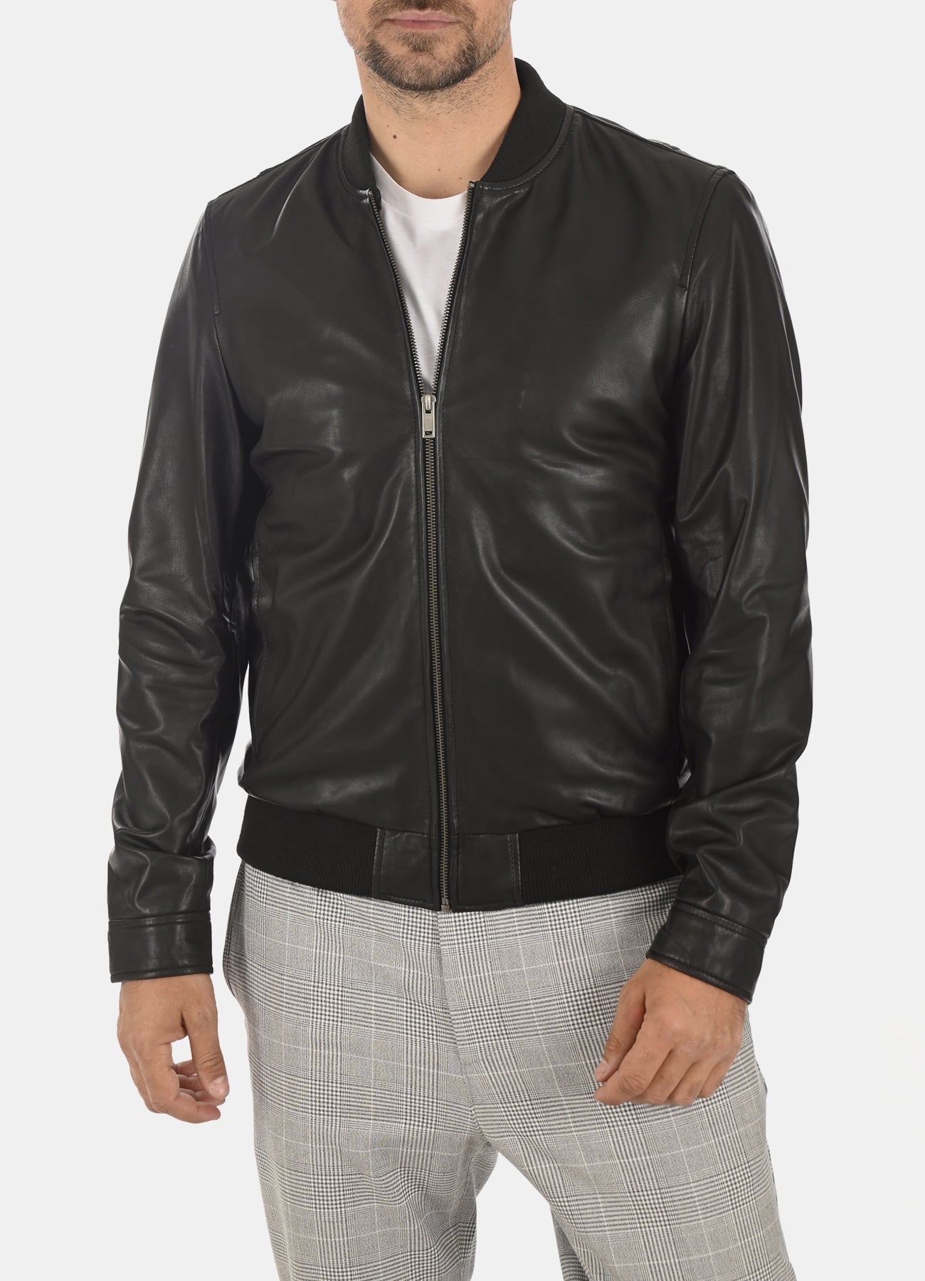 Mens Deep Black Bomber Leather Jacket
