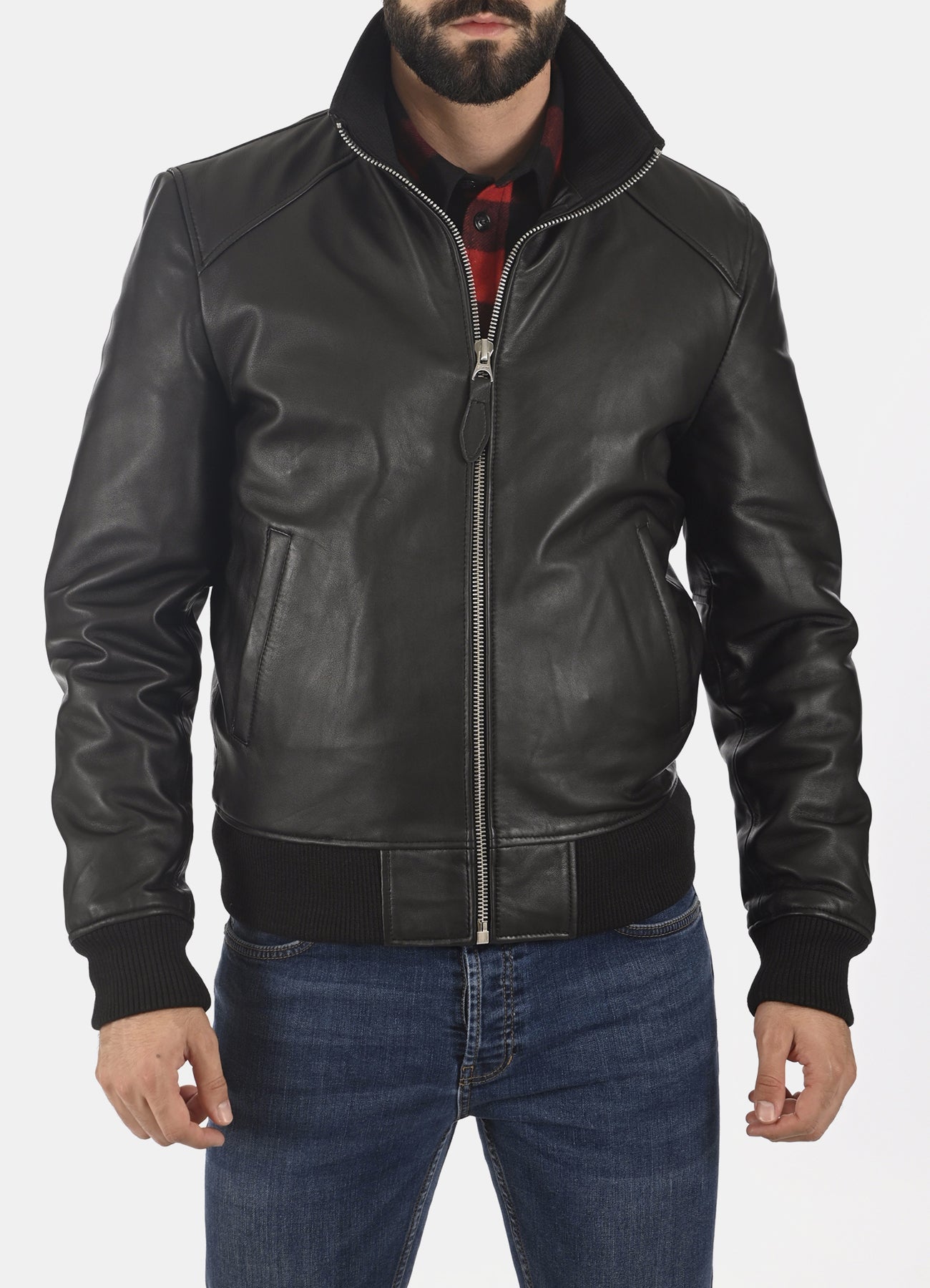 Mens Pitch Black Bomber Leather Jacket