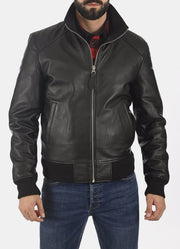 Mens Pitch Black Bomber Leather Jacket