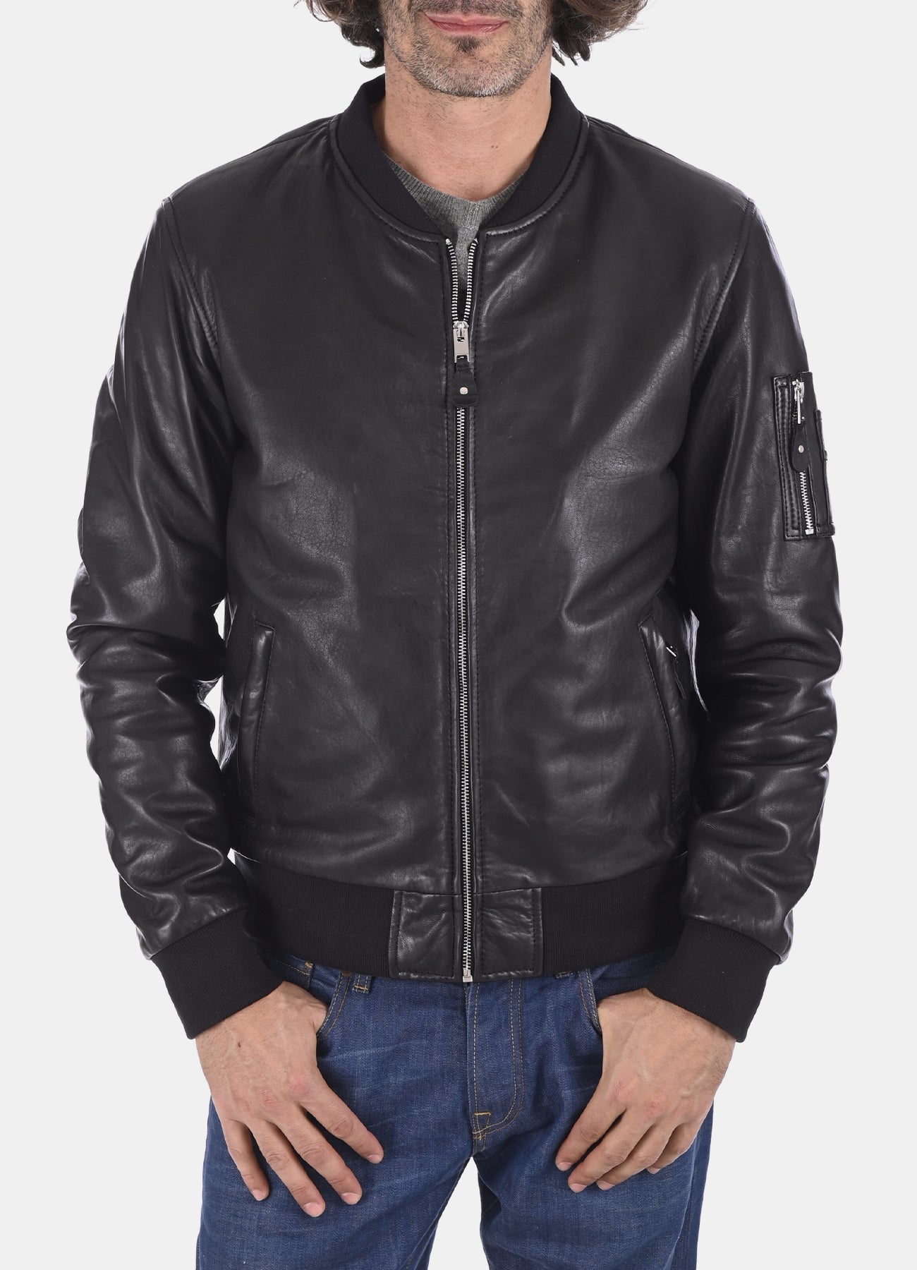 Mens Ink Black Bomber Leather Jacket