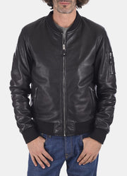 Mens Ink Black Bomber Leather Jacket