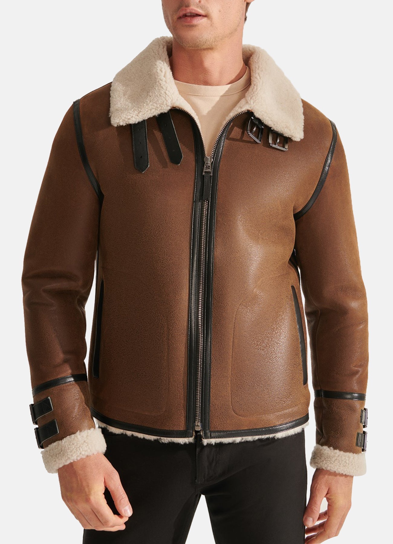 Mens Caramel Brown Shearling Leather Jacket