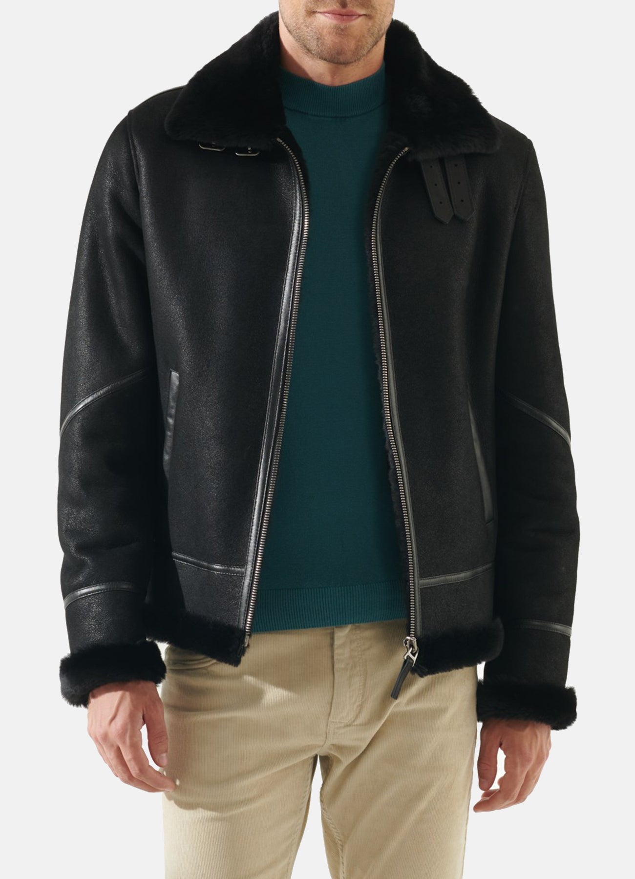 Mens Jet Black Shearling Leather Jacket