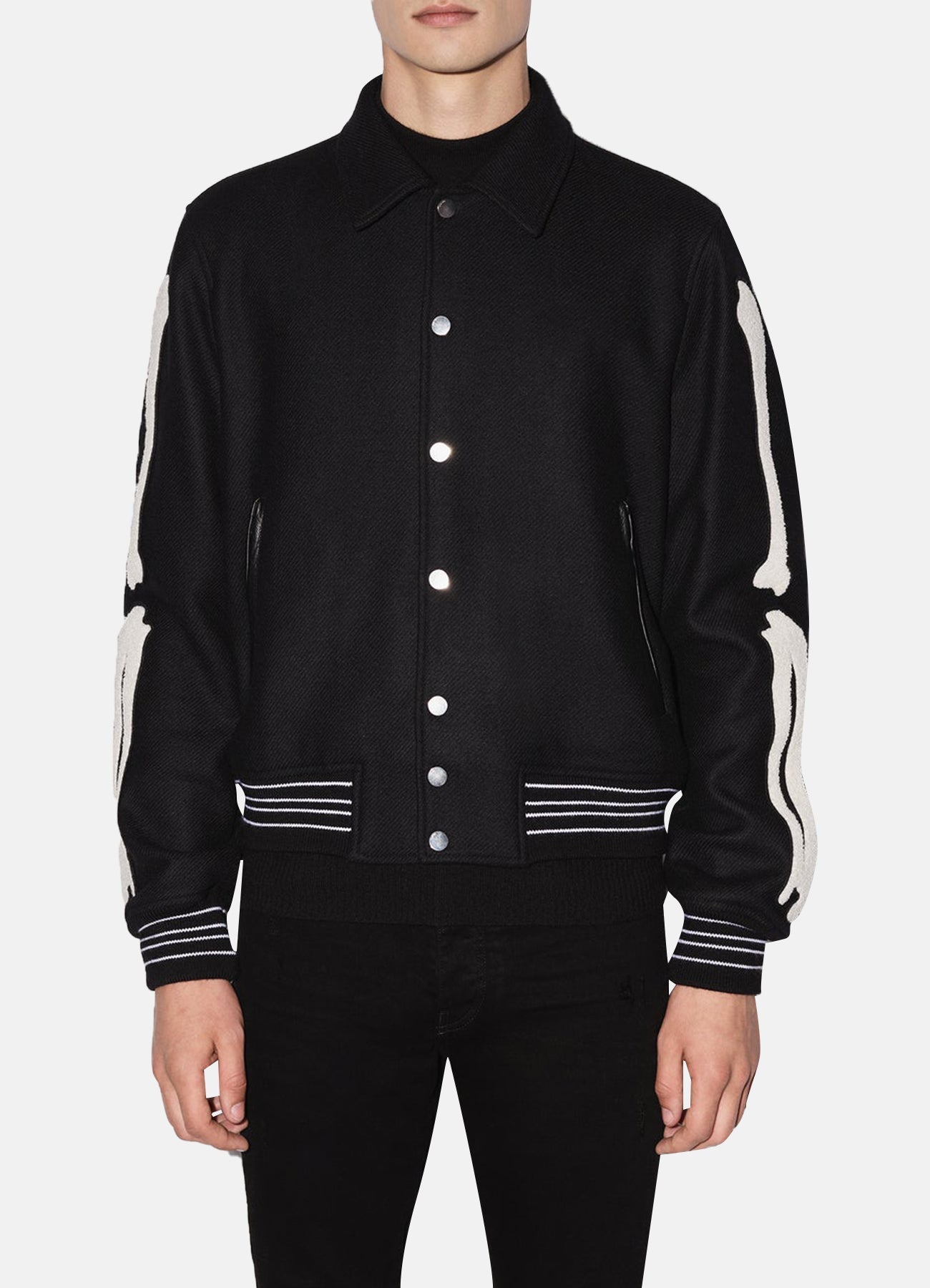 Mens Deep Black Bone Design Varsity Jacket