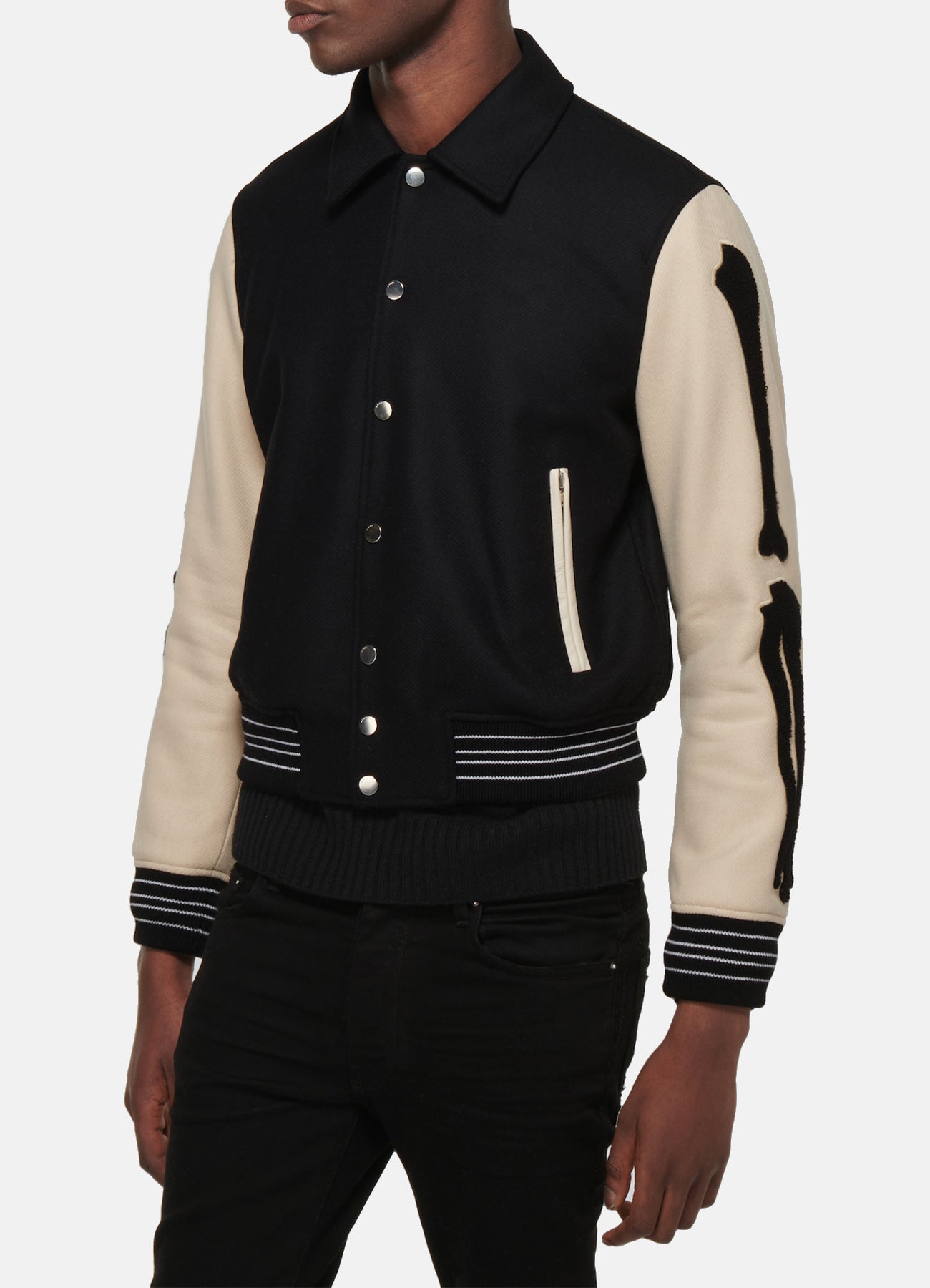 Mens Black and Beige Bone Design Varsity Jacket