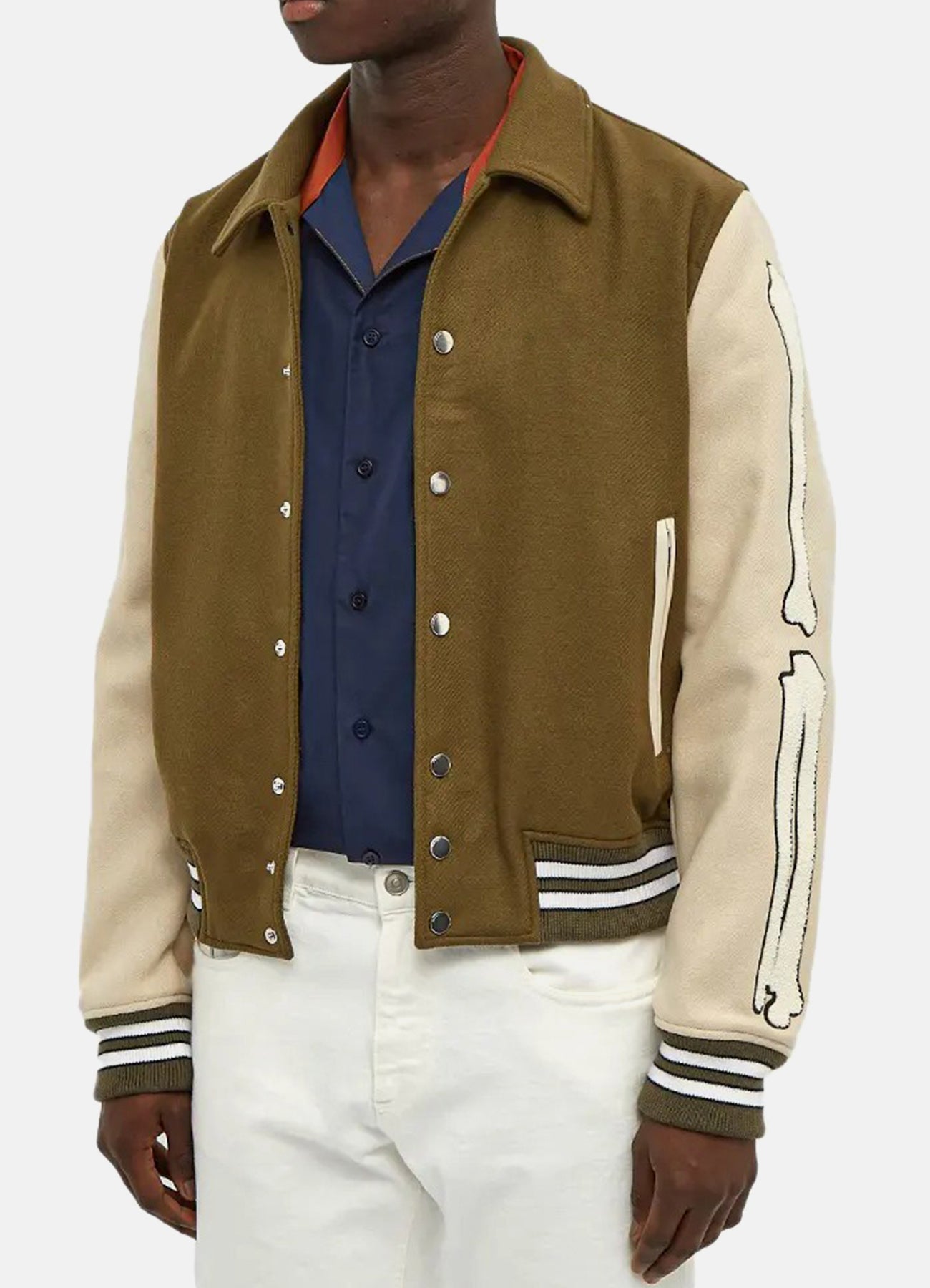 Mens Olive Green and Beige Bone Design Varsity Jacket