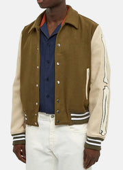 Mens Olive Green and Beige Bone Design Varsity Jacket