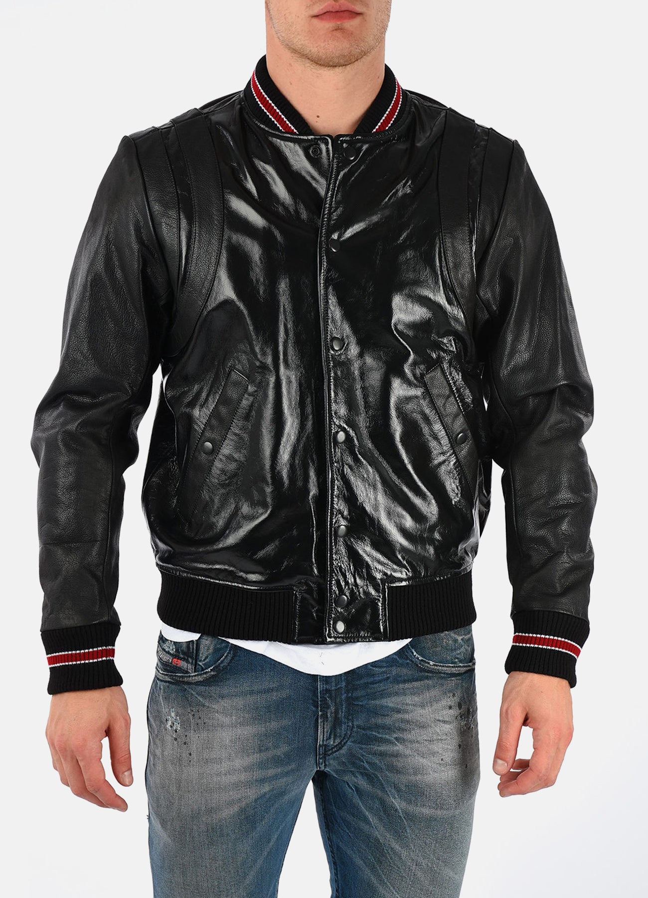 Mens Shiny Black Varsity Leather Jacket