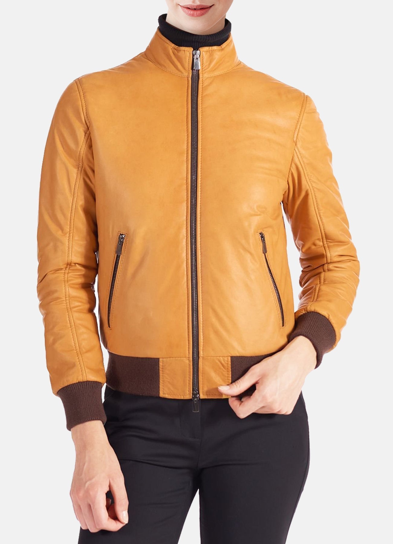 Womens Iconic Yellow Bomber Leather Jacket