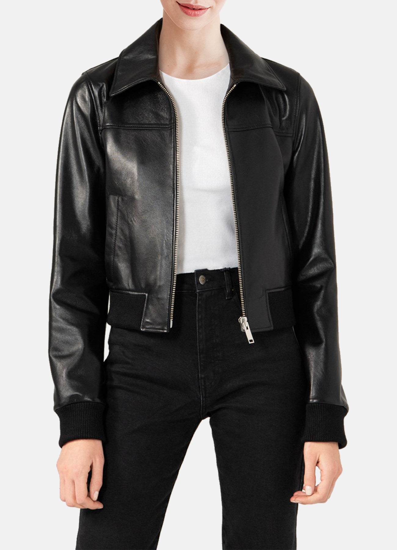 Womens Shiny Black Biker Leather Jacket