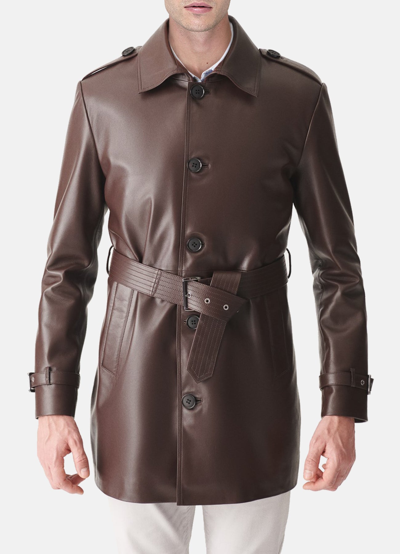 Mens Shiny Brown Mid-Length Leather Coat