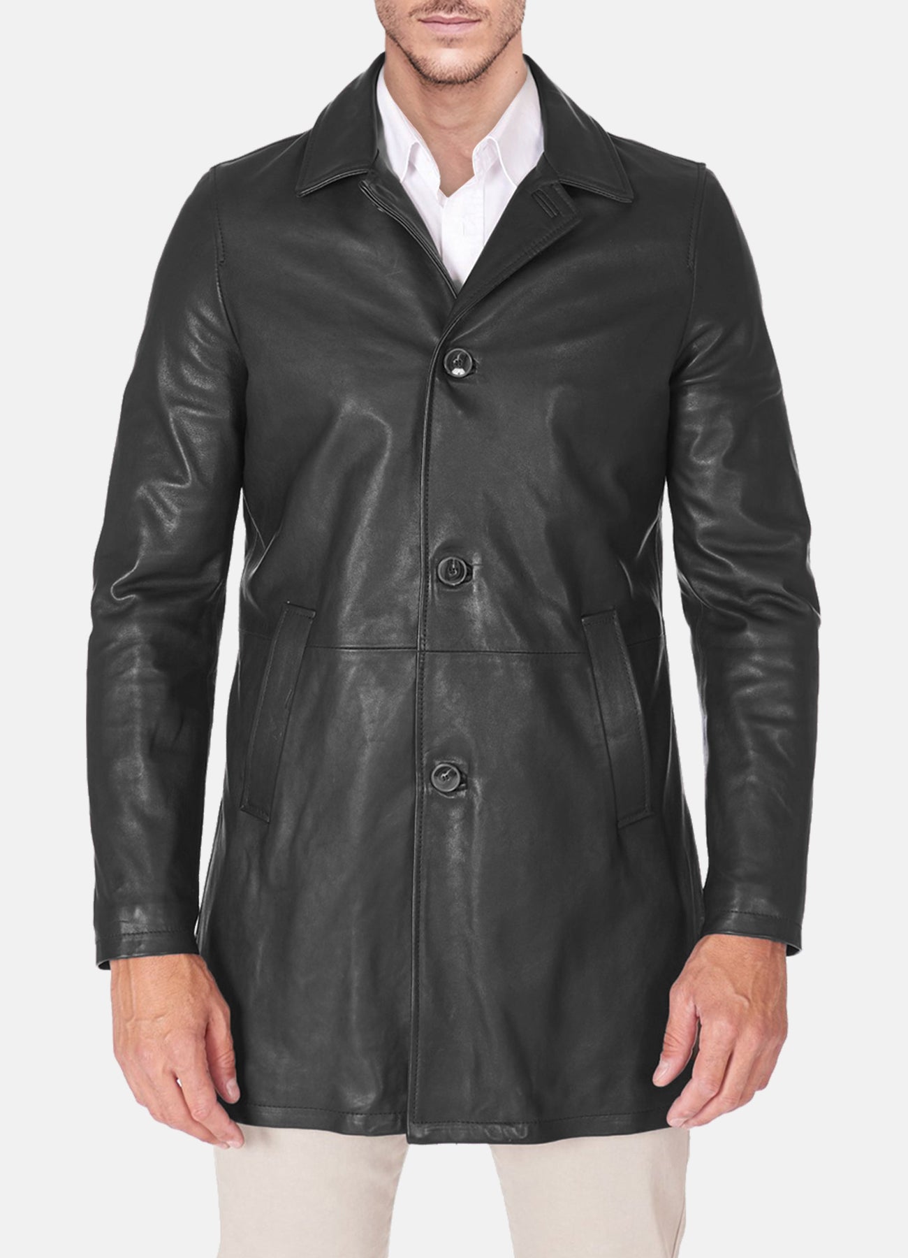 Mens Iconic Black Mid-Length Leather Coat