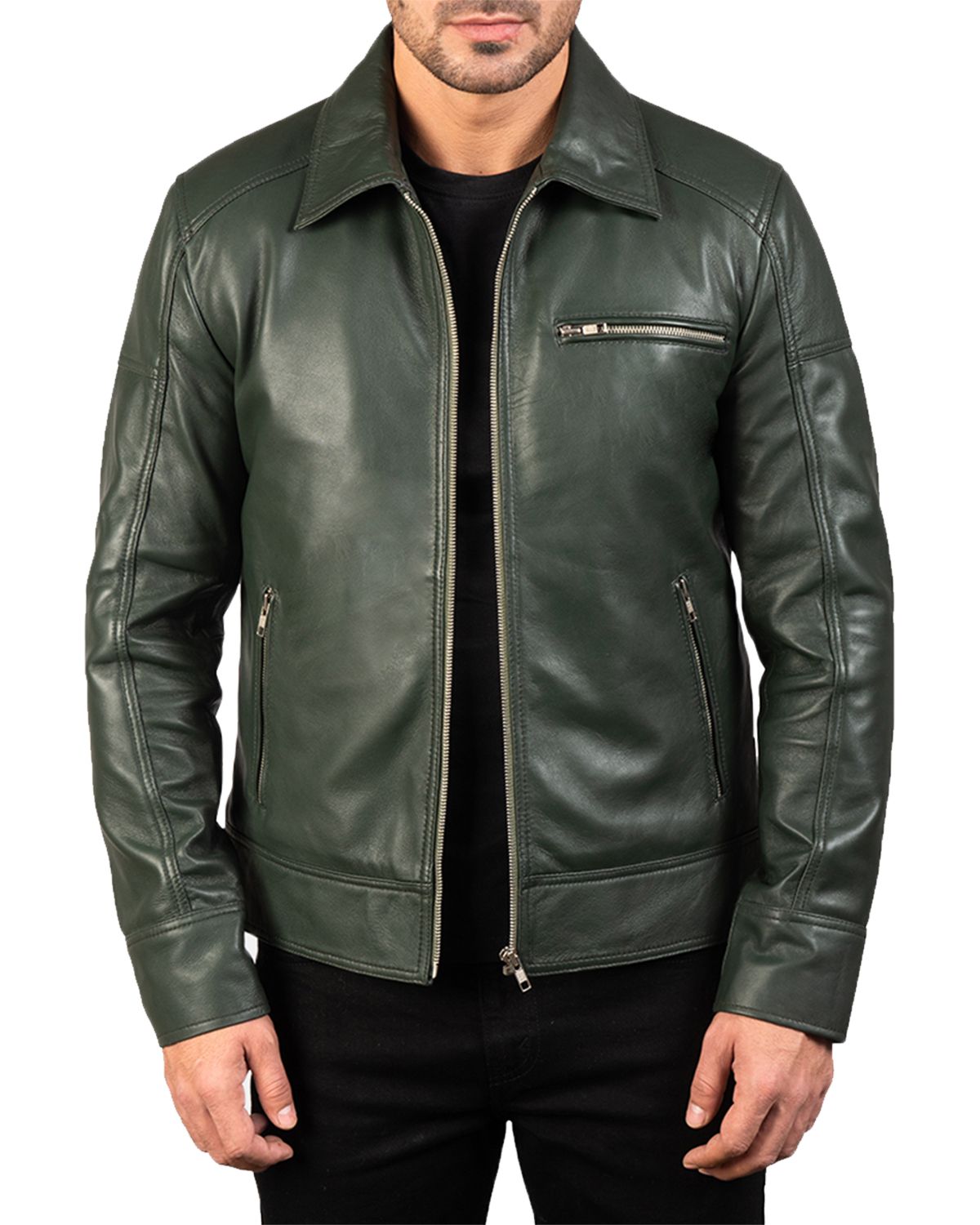 Men's Green Biker Real Leather Jacket