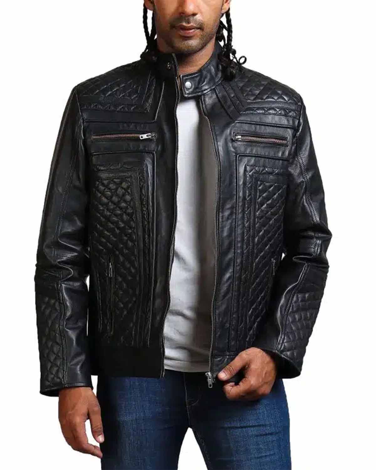Classic Men Black Quilted Motorcycle Leather Jacket