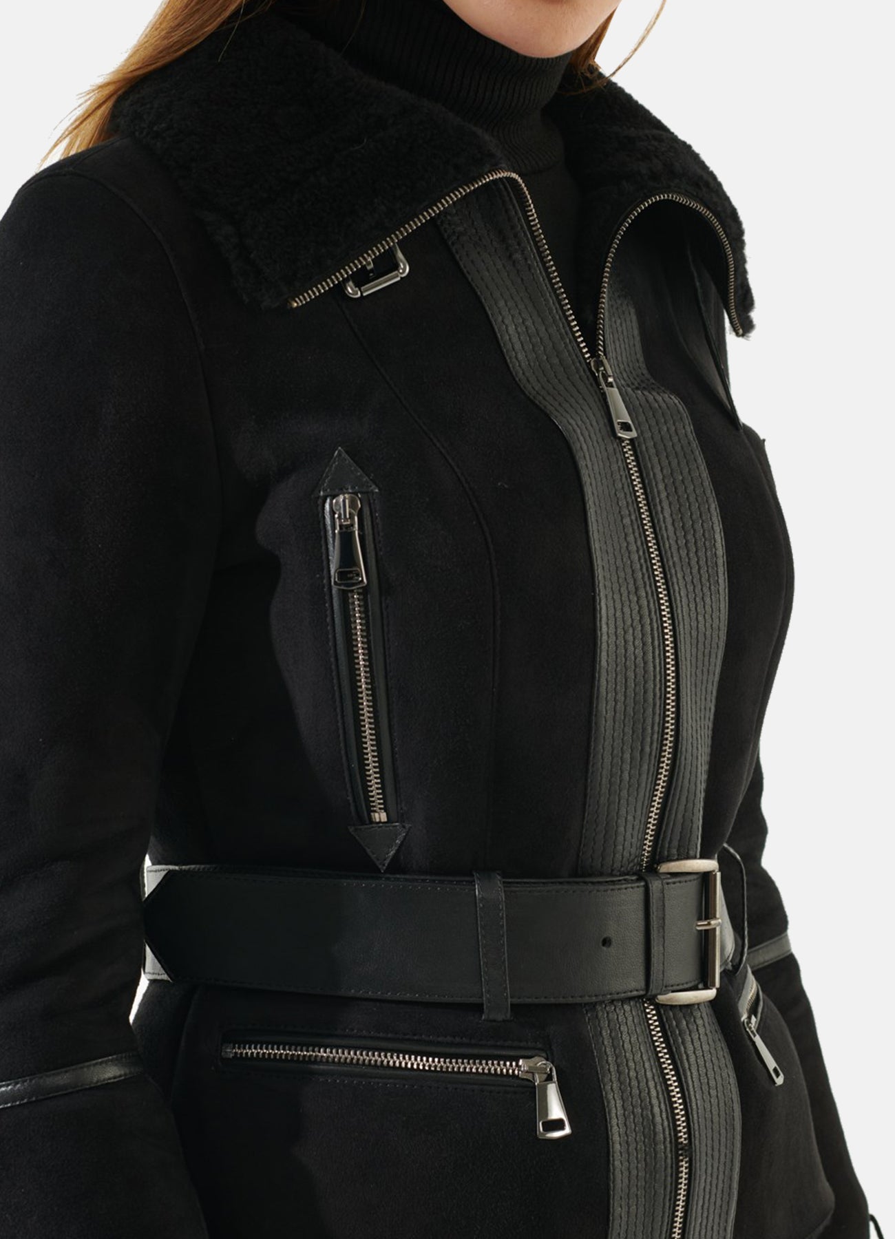 Womens Jet Black Suede Shearling Leather Jacket