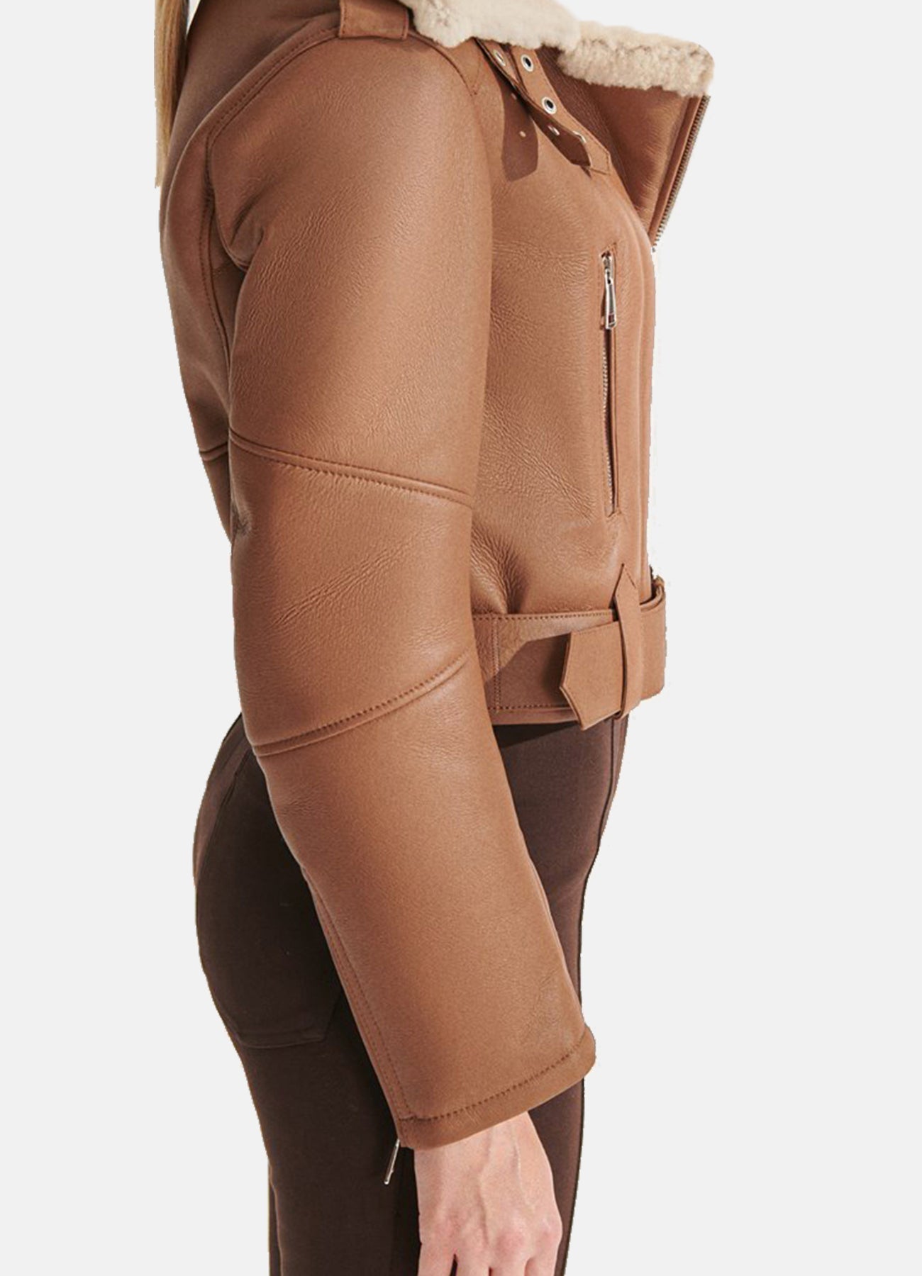 Womens Short Length Tan Shearling Leather Jacket