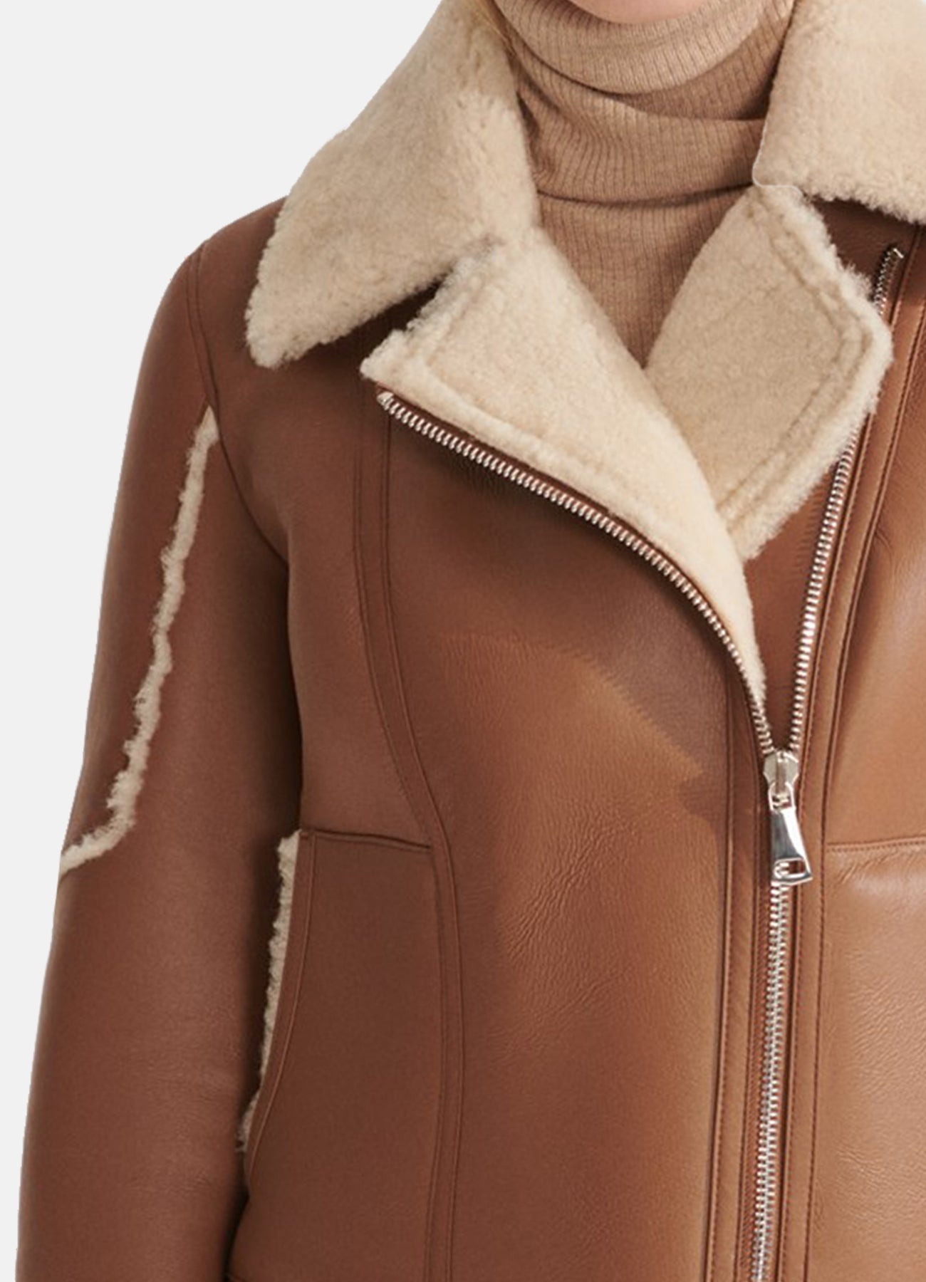 Womens TAN Sports Shearling Leather Jacket