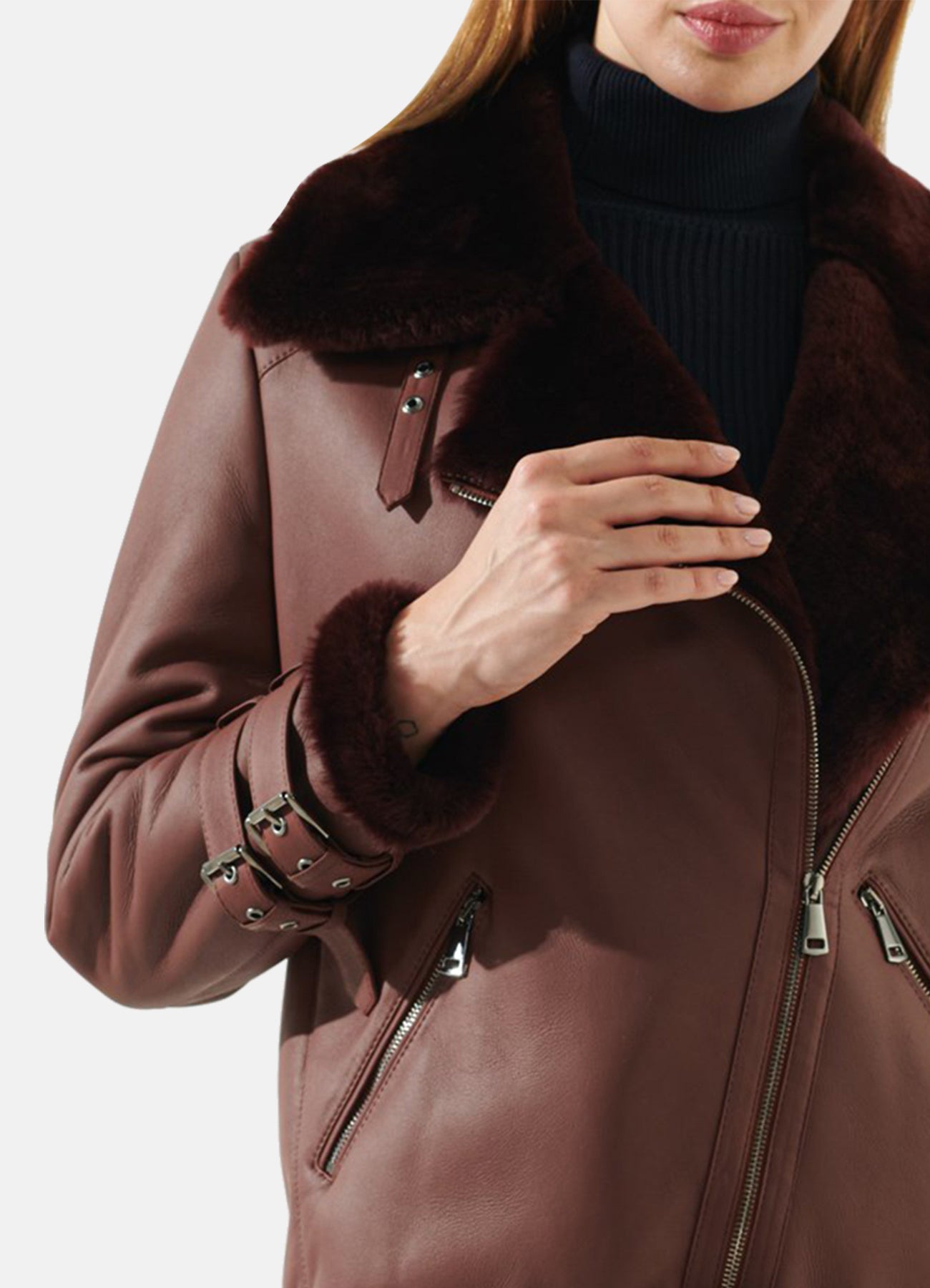 Womens Maroon Oversized Shearling Leather Jacket