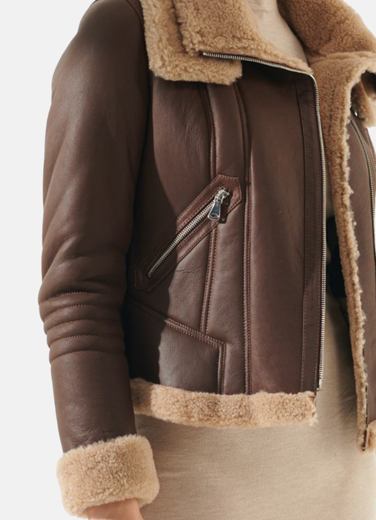 Womens Brown Double Collar Shearling Leather Jacket