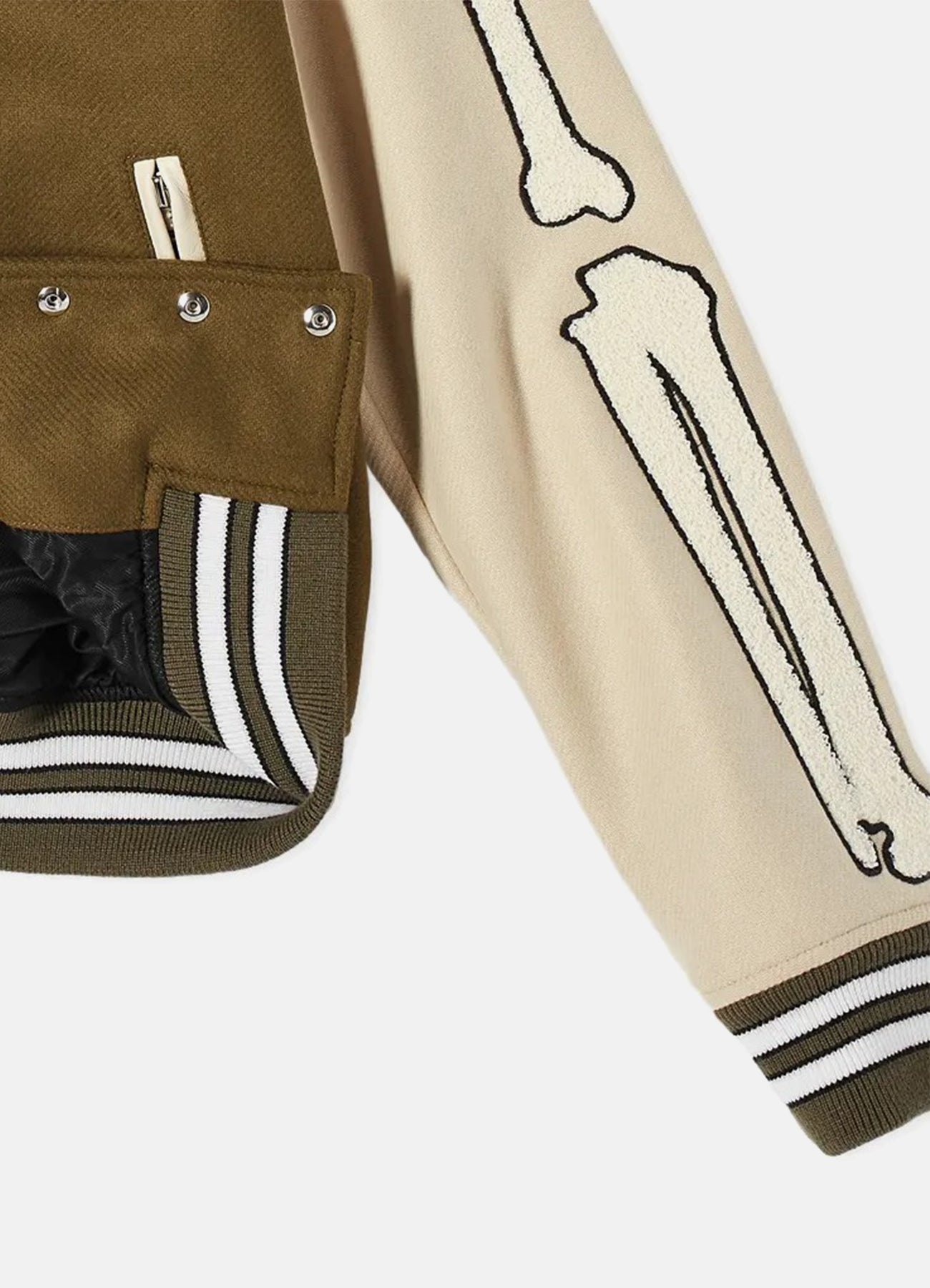 Mens Olive Green and Beige Bone Design Varsity Jacket