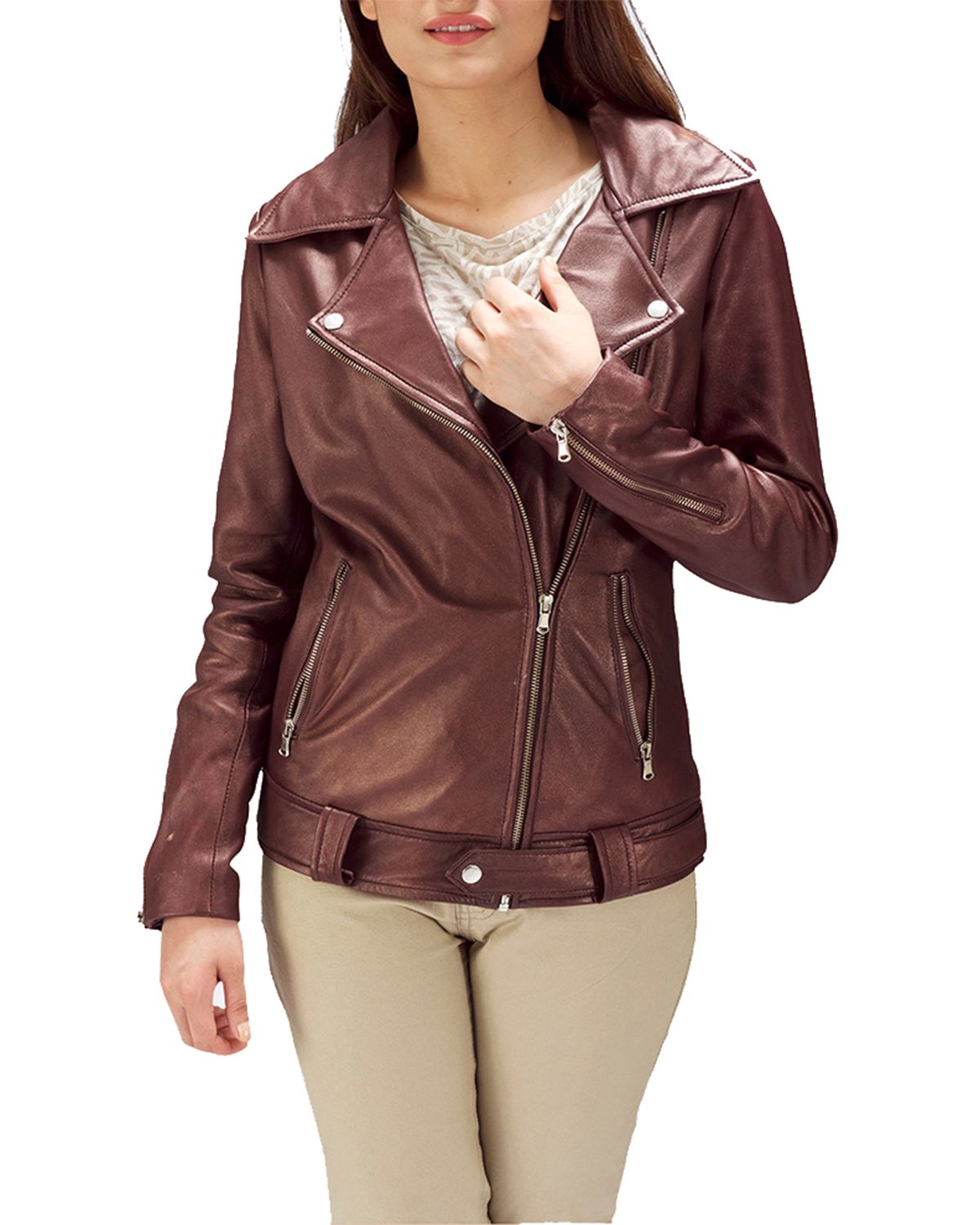Women's Maroon Biker Leather Jacket