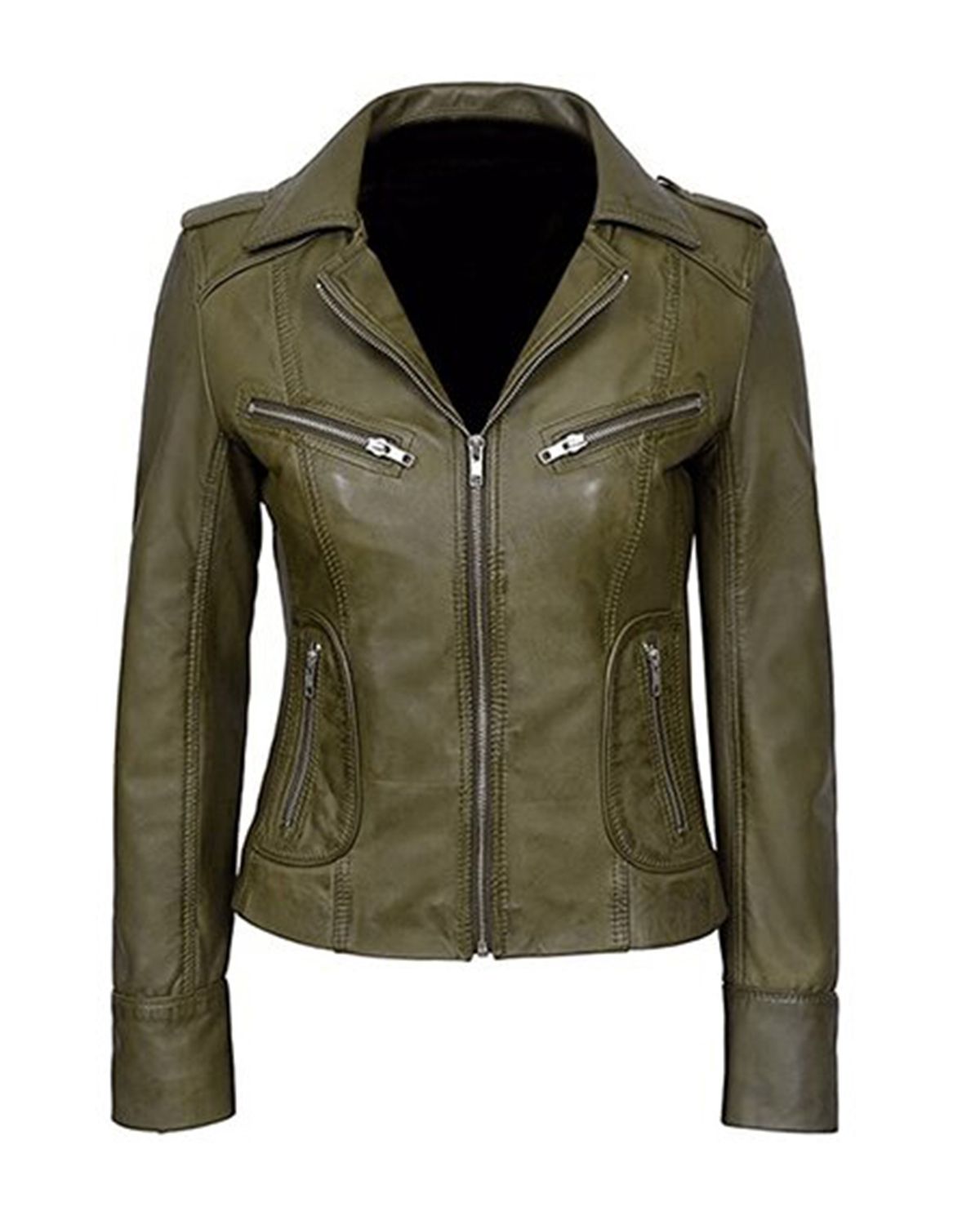 Women's Classic Olive Green Biker Leather Jacket