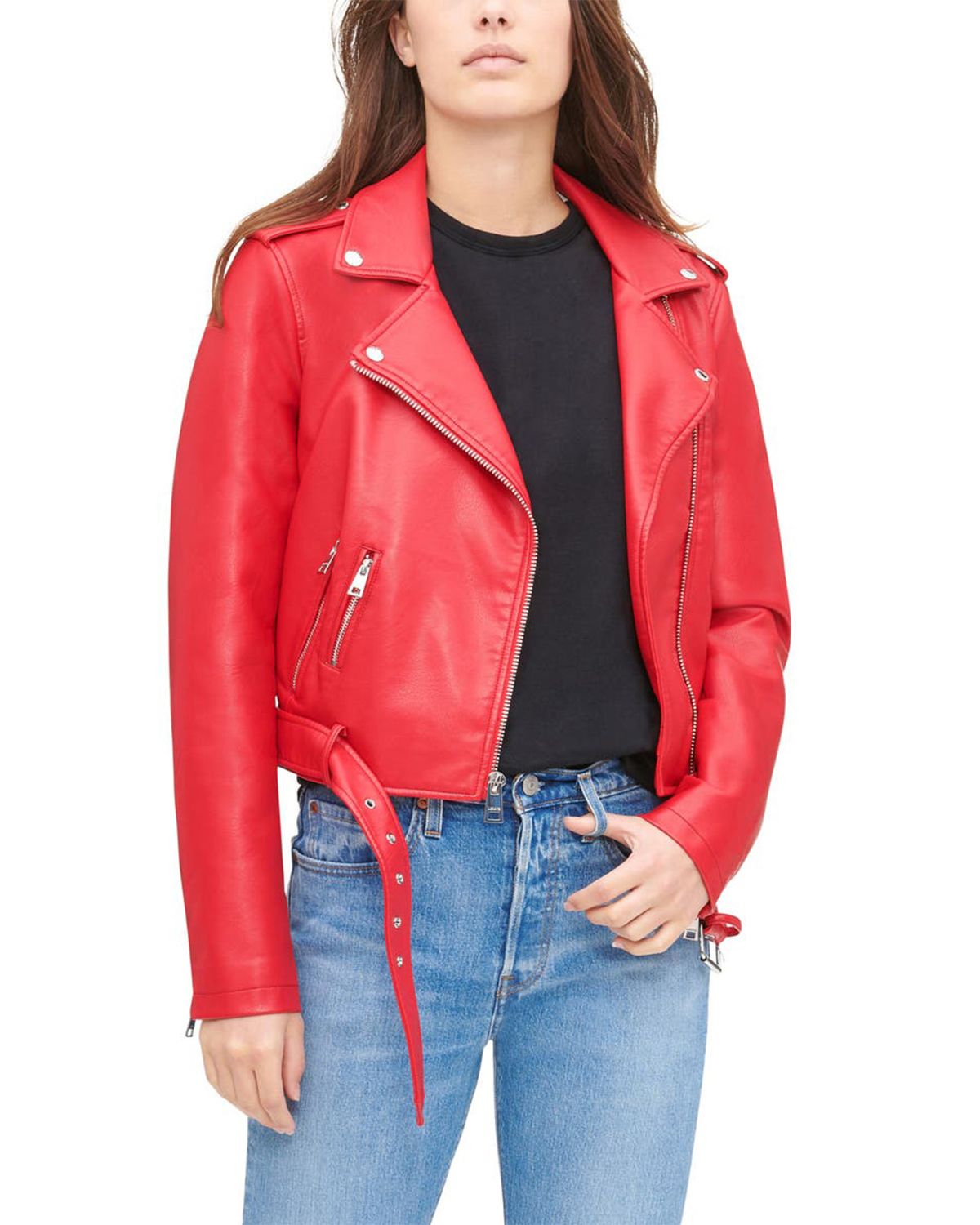 Women's Short Red Biker Leather Jacket