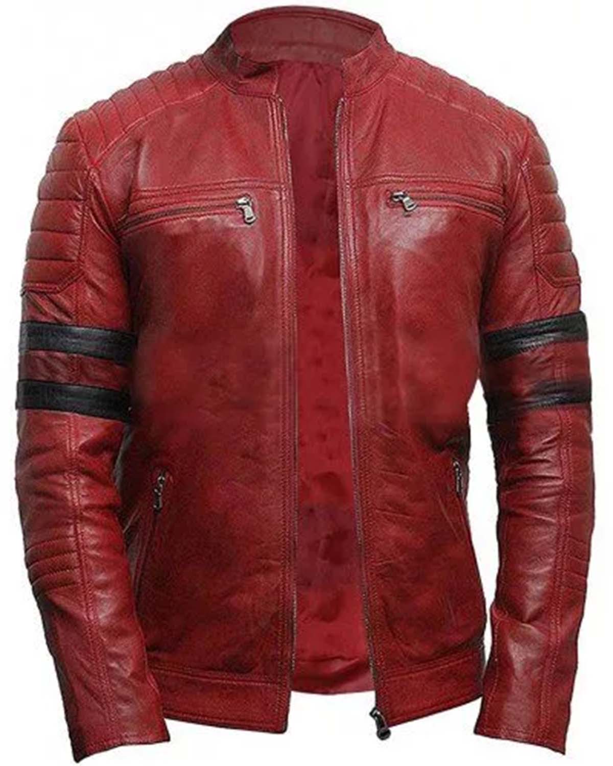 Cafe Racer Retro Biker Red & Black Stripe Motorcycle Leather Jacket