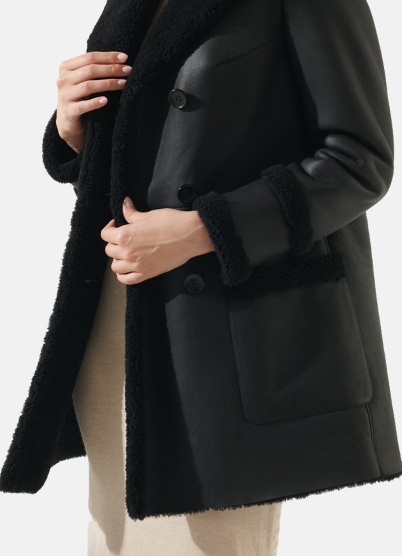 Womens Jet Black Shearling Leather Coat