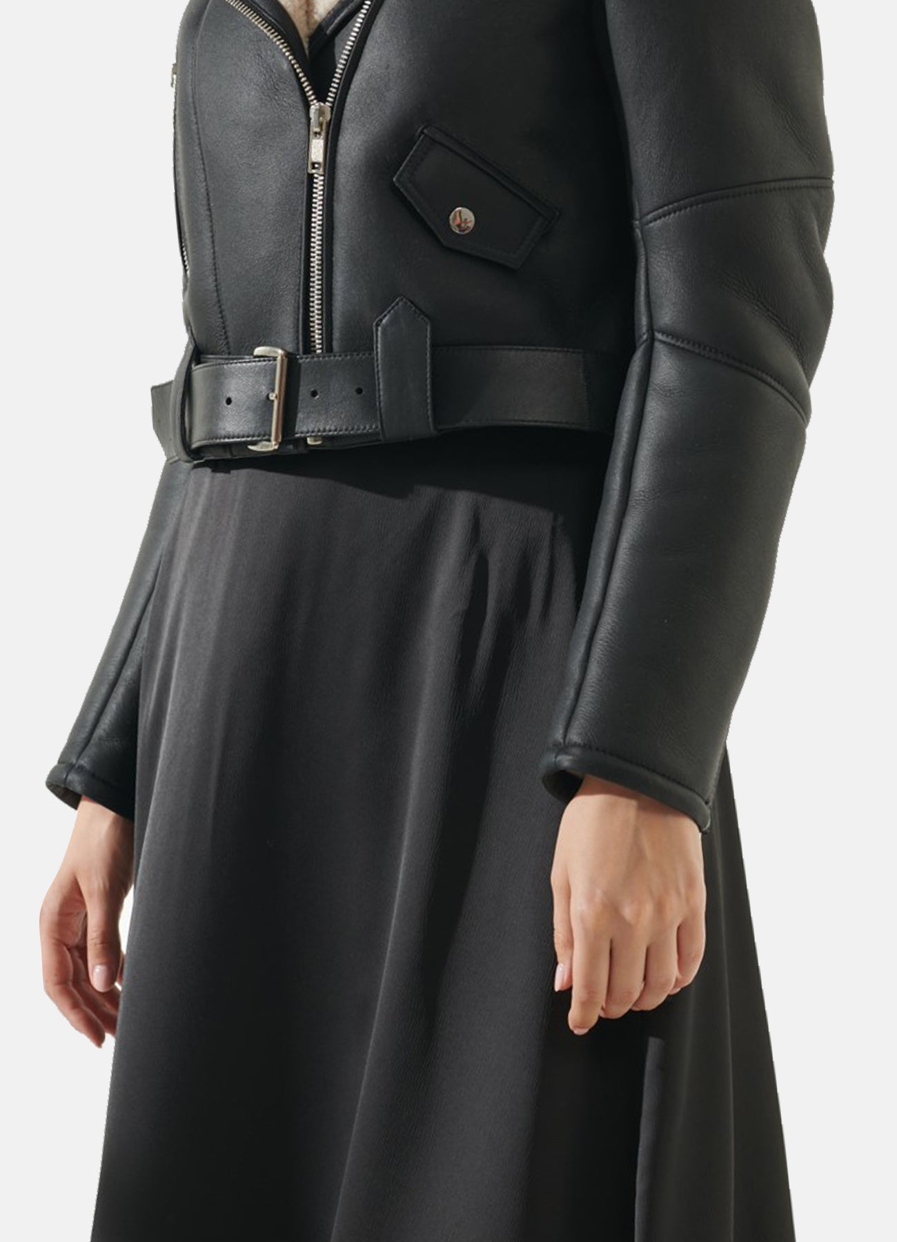 Womens Black Short Length Shearling Leather Jacket