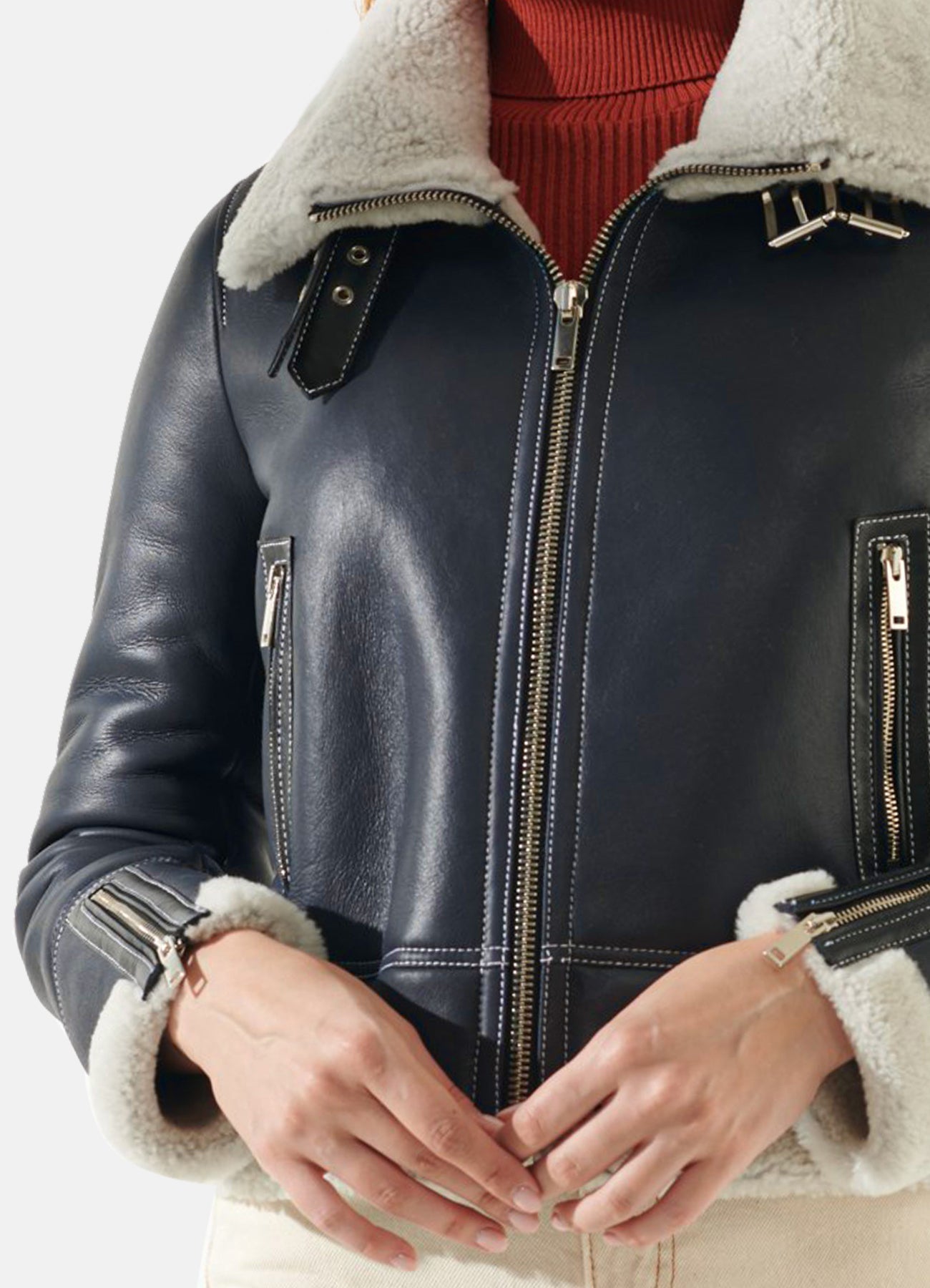 Womens Navy Blue Shearling Leather Jacket