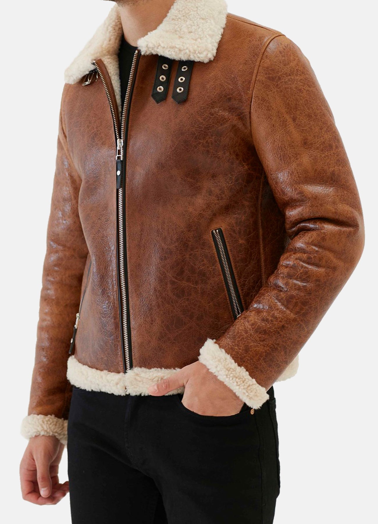 Mens Distressed Brown Shearling Leather Jacket