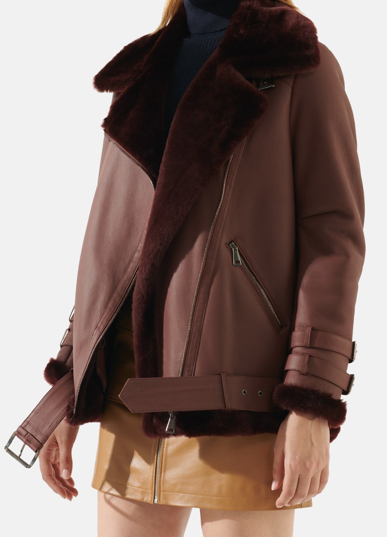 Womens Maroon Oversized Shearling Leather Jacket