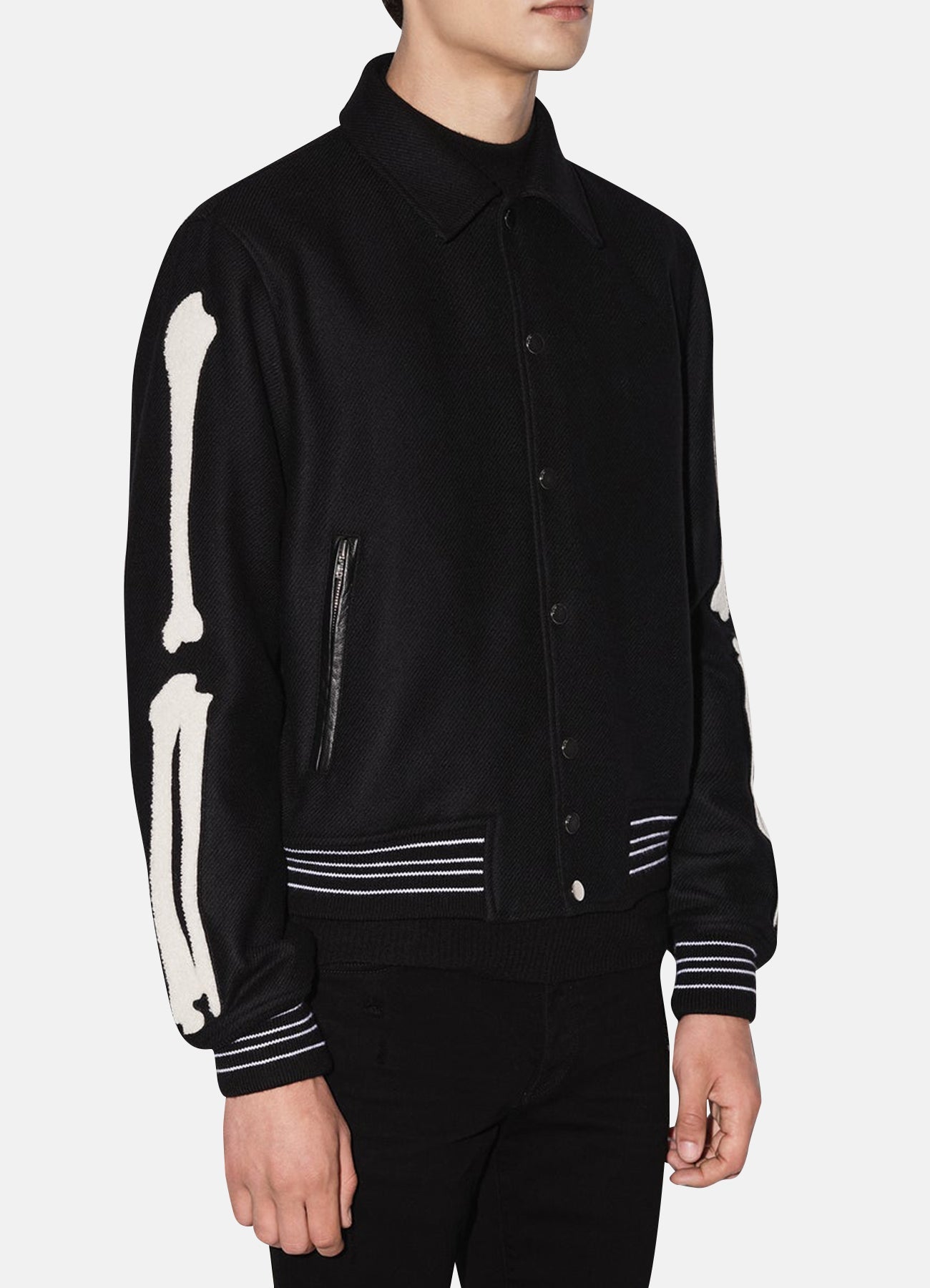 Mens Deep Black Bone Design Varsity Jacket